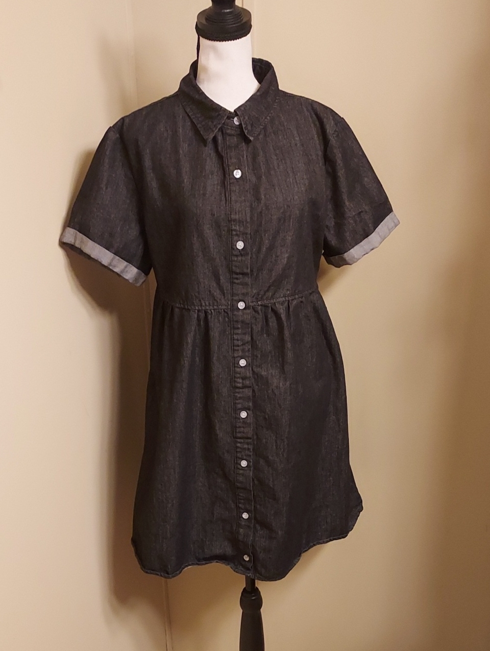 Short-Sleeve Black Denim Shirt Dress